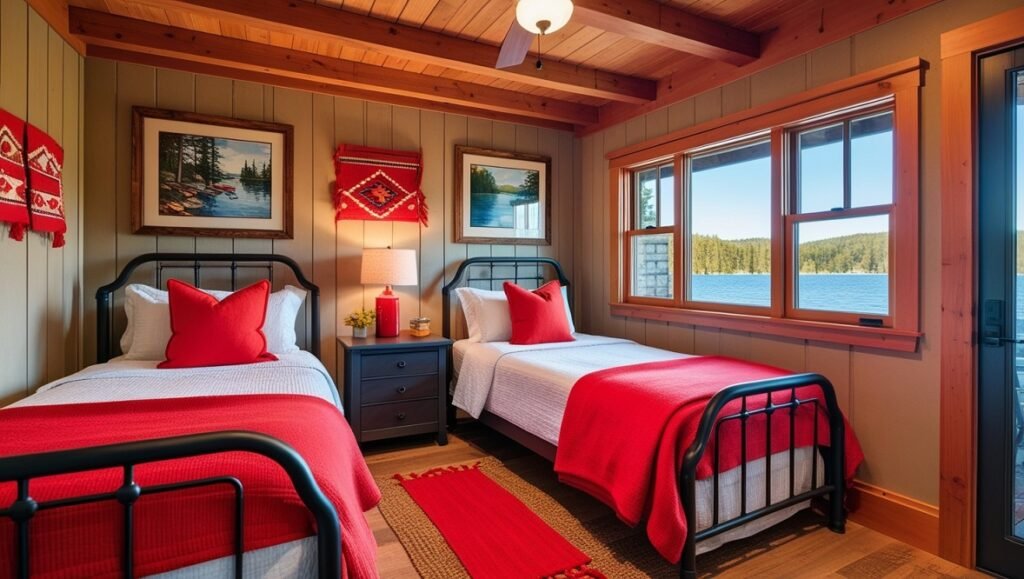Twin Beds with Red Accents